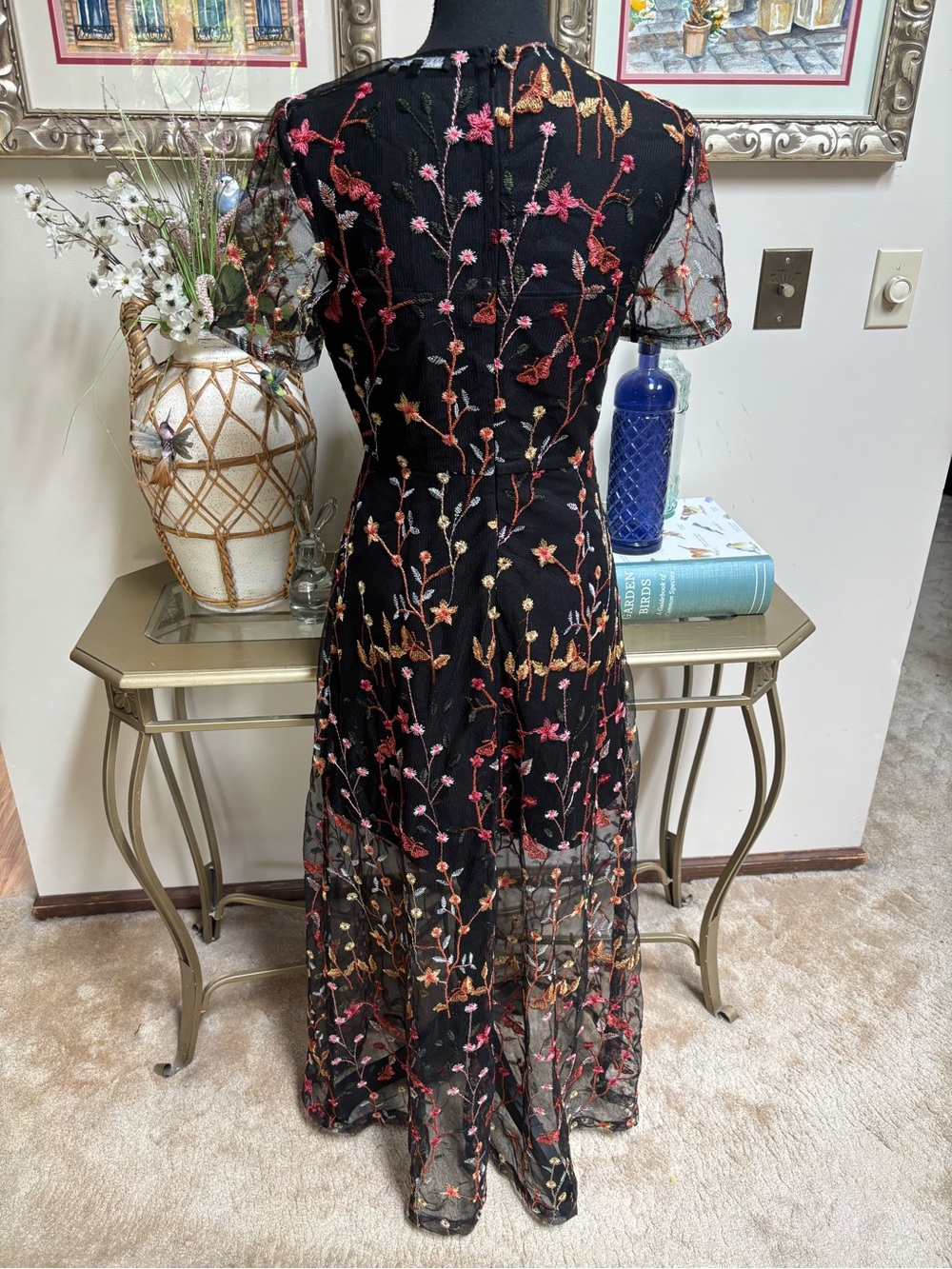 Floral Embroidered Black Maxi Dress with Sheer Overlay - Picture 4 of 15